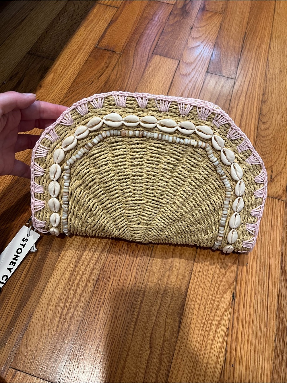 Stoney Clover Lane Natural Straw Clutch with Pink Trim